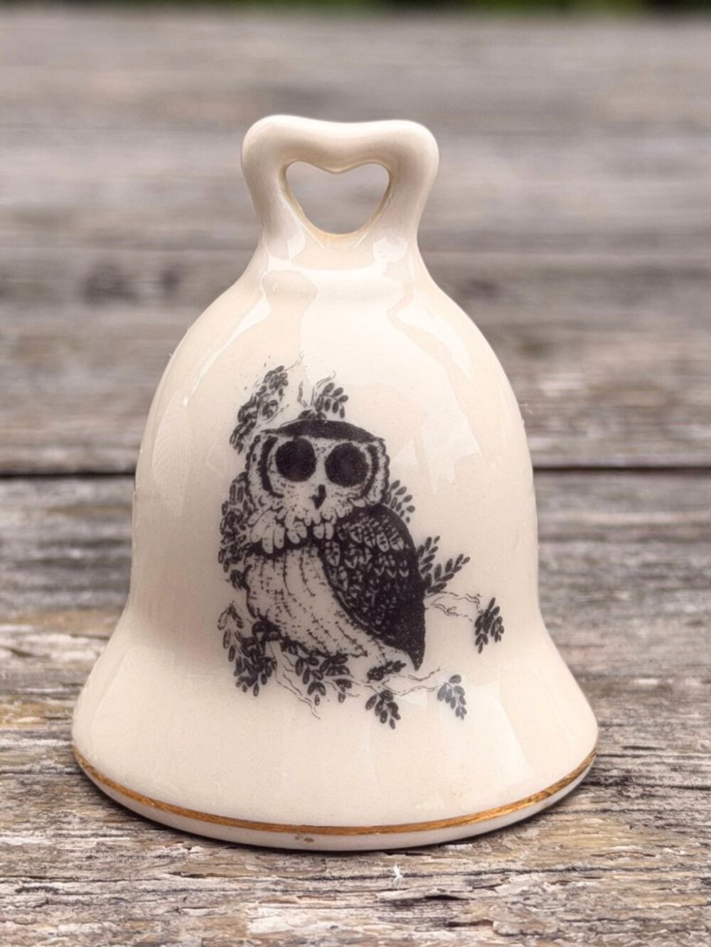 Vintage Owl Bell Small World Greetings Japan Gold Trim and Heart